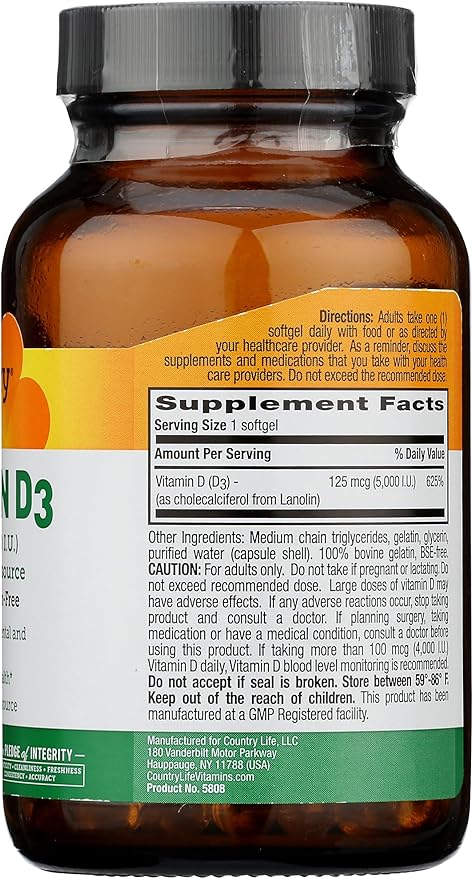 Country Life Vitamin D3 5000 IU for Immune and Bone Health, Calcium Absorption, and Colon Health - Sustainable Source from Lanolin, Available in Various Strengths