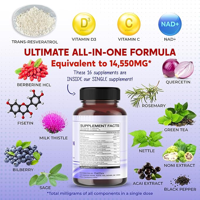 NAD+ Trans-Resveratrol 9000mg Berberine 4000mg Quercetin 1000mg Fisetin 1000mg -