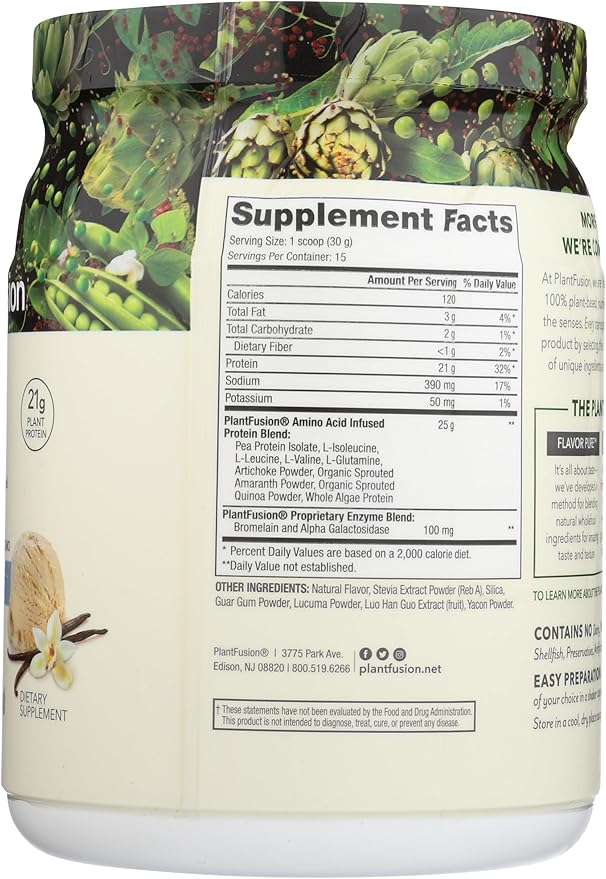 PlantFusion Complete Vegan Protein Powder - Plant Based Protein Powder With BCAAs, Digestive Enzymes and Pea Protein - Keto, Gluten Free, Soy Free, Non-Dairy, No Sugar, Non-GMO - Vanilla Bean 1 lb