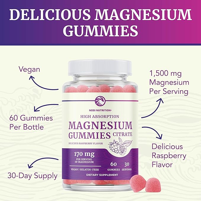 Magnesium Citrate Gummies | Extra Strength for Calm, Relaxation & Digestion | High Absorption Magnesium Gummies for Adults | Vegan, Non-GMO | Raspberry Flavor Mag Gummy | 60 Ct, 1 Month Supply