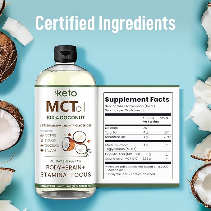 Keppi Keto MCT Oil - Flavorless C8 and C10, Non-GMO, Certified Gluten-Free, Palm Oil Free, Vegan, Kosher, Halal, 32 oz Coconut Oil