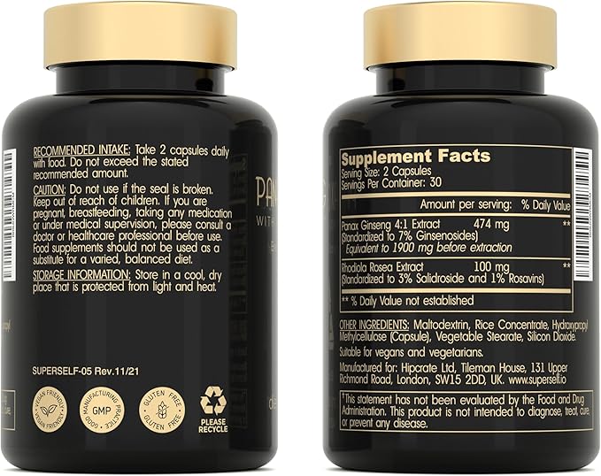 Panax Ginseng and Rhodiola Rosea 2000mg 60 Capsules 7% Ginsenosides