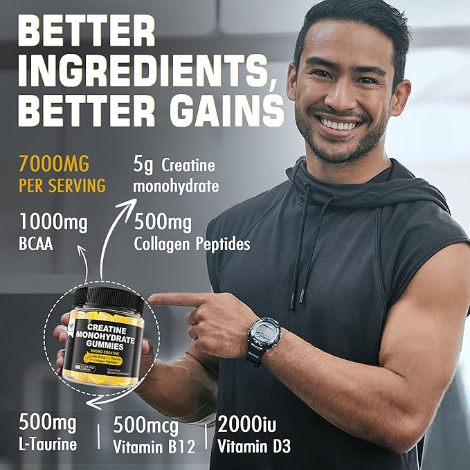 Creatine Monohydrate Gummies 5g for Men 7000mg with B12, D3, D3, Chewables 1 Pack