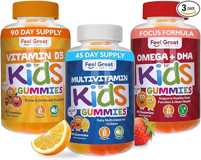 Feel Great Kids Essentail Vitamins Trio - Omega + DHA - Vitamin D - Multivitamin for Wellness & Immune Support