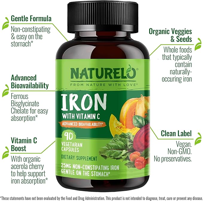 NATURELO Vegan Iron Supplement with Vitamin 90 Mini
