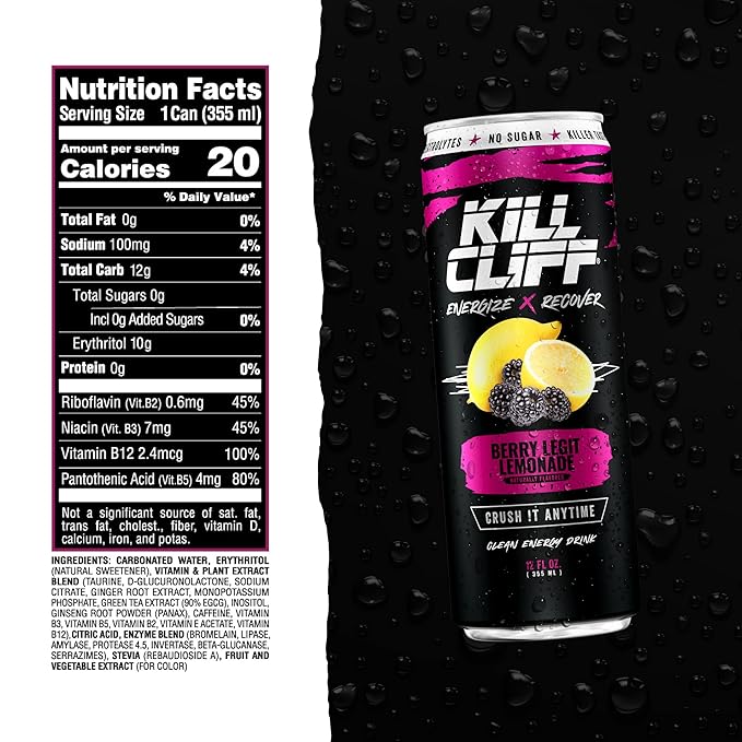 Kill Cliff Recovery Energy Drink, Berry Legit Lemonade, Sugar & Gluten Free Drinks, Green Tea, Electrolytes and Natural Caffeine for Clean Energy, Hydration & Recovery, Post or Pre Workout, 12 Pack
