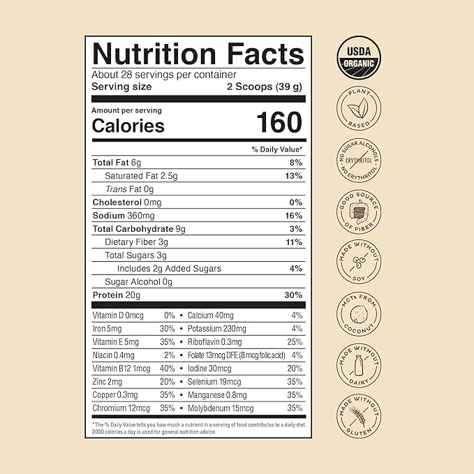 KOS Organic Plant Based Protein Powder, 2.4 lbs, 28 Servings