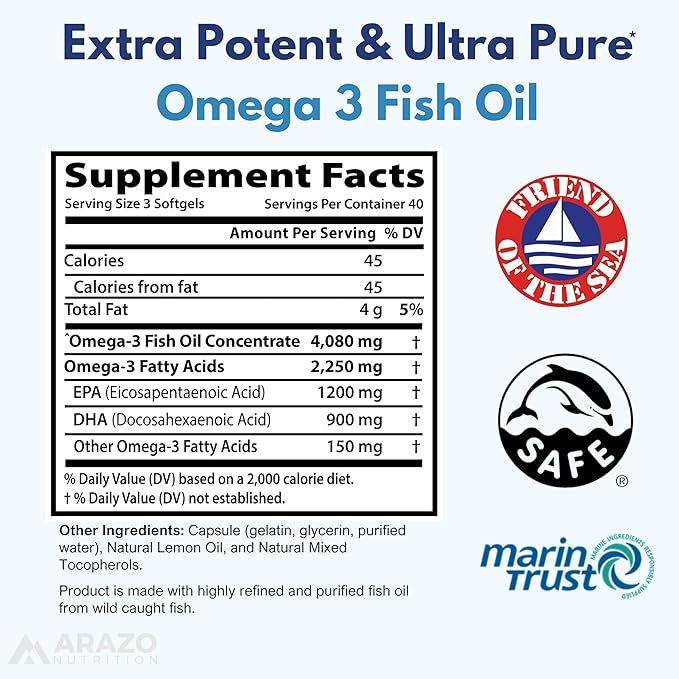 Arazo Nutrition Wild Caught Omega 3 120 Soft 4,080mg High 1200mg DHA 900mg Lemon