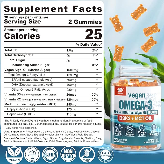 Vegan Omega3 Gummies 1280mg + Vitamin D3 K2, Sugar Free Omega 3 Fish Oil Alternative w/EPA 600mg & DHA 400mg & MCT Oil, No Fish Taste, from Marine Algae Oil, for Brain, Eye, Immunity, 2 Pack
