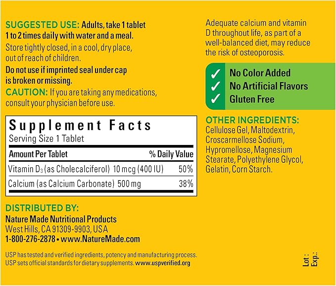 Nature Made Calcium 500 mg D3, Dietary 130 Tablets