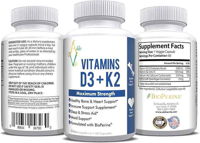 AlcheVita Vitamins D3 (5000 IU) + K2 (mk7) (mk7) + (210mg)- Maximum (3-in-1 Formula) 60 Capsules