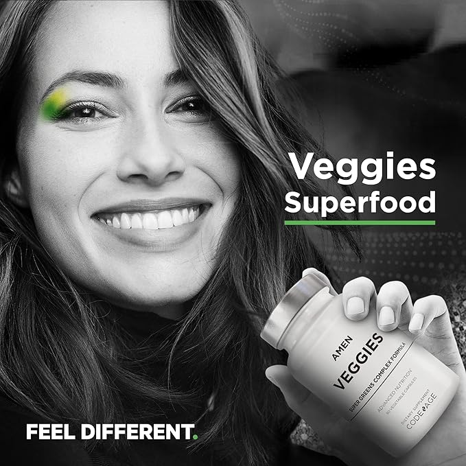 Amen Veggies, Daily Veggies Vitamins Supplement, Vegetables Vegan Blend & Whole-Food Raw Greens Multivitamin Capsules, Mushroom Complex, Superfood, Minerals, Green Vegetable Nutrients, Non-GMO, 90 ct