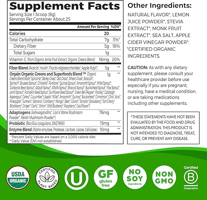 Orgain Organic Wonder Gut Fiber Supplement Powder, 5 in 1 Blend with 1 Billion Probiotics, Greens, Vitamin C, Adaptogens for Gut Health and Immune Support, Non-GMO, Orange Mango, 7.05 oz