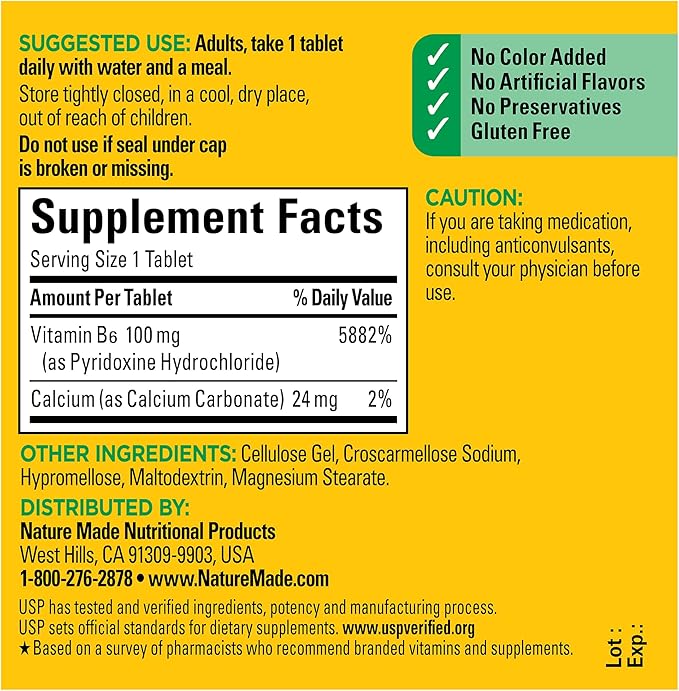 Nature Made Vitamin B6 100 mg, B6 Vitamins 100 Tablets, 100 Day