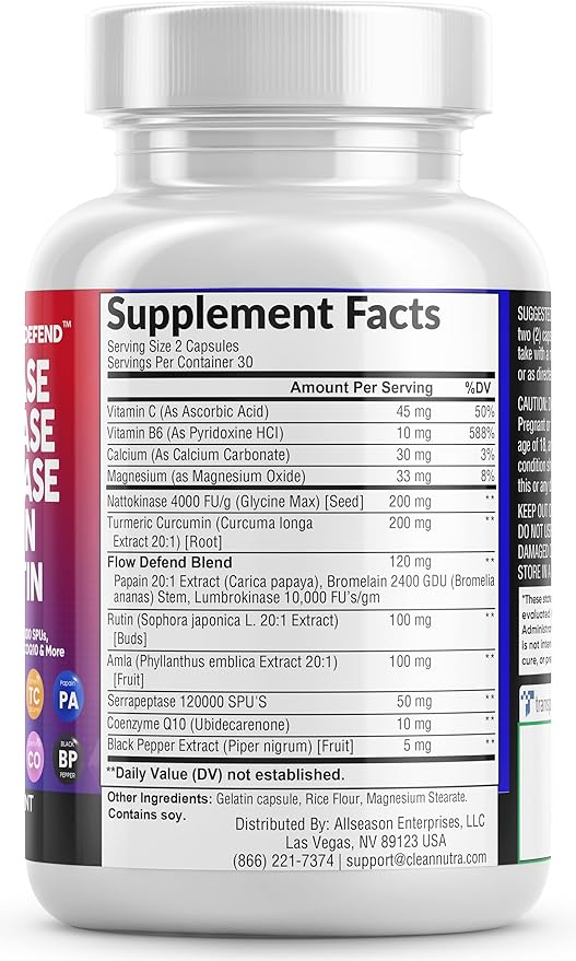 Clean Nutraceuticals Nattokinase 4000 FU Serrapeptase 120000 SPU B6 &