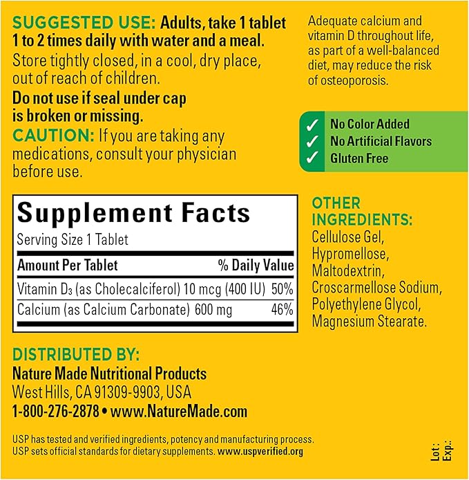 Nature Made Calcium 600 mg D3, Dietary 220 Tablets 1)
