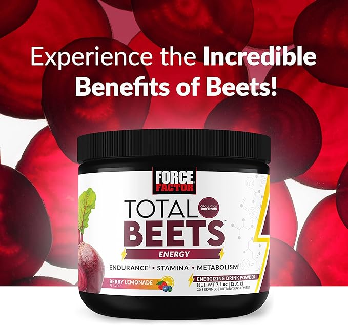 FORCE FACTOR Total Beets Beet Root Powder with Energy, NO3-T® Nitrates to Support Circulation, Blood Pressure, Blood Flow, and Stamina - Plus Green Tea Extract. A Superfood Supplement, 30 Servings