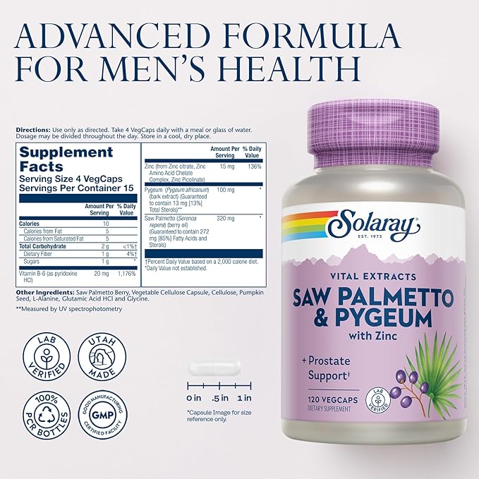 SOLARAY Saw Palmetto and Pygeum B6, Pumpkin (120 VegCaps)