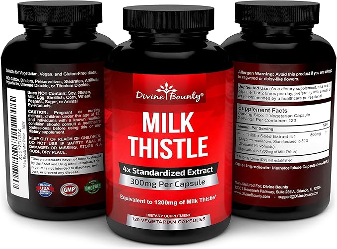 Divine Bounty Pure Milk Thistle Capsules Supplement 1200mg Milk 4X Concentrated 120 Vegetarian