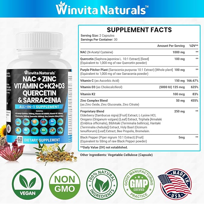 NAC Supplement N-Acetyl Cysteine 1000mg Vitamin D3 K2, K2, Zinc, 1000mg Quercetin 1000mg with