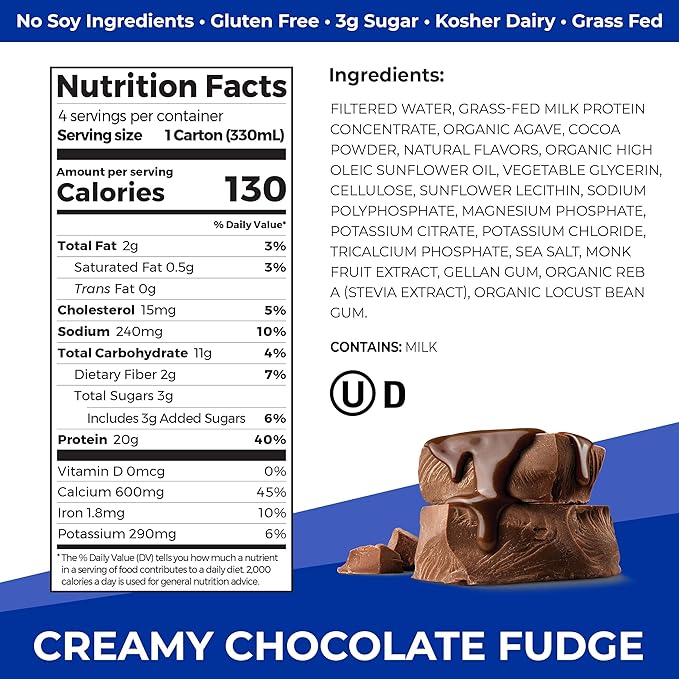 Orgain Clean Protein Shake, Grass Fed Dairy, Creamy Chocolate Fudge - 20g Whey High Protein, Kosher, Ready to Drink, Low Net Carbs, Gluten Free, No Soy Ingredients, 11 Fl Oz (Pack of 4)