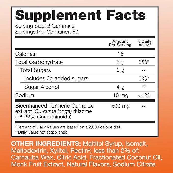 Qunol Zero Sugar Turmeric Gummies, Gummy with 500mg Turmeric Curcumin, Joint Support Supplement, Ultra High Absorption Tumeric Curcumin, Vegetarian, Gluten Free, 120 Count