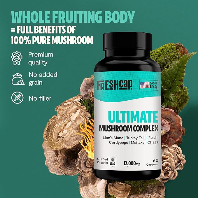 FreshCap Ultimate Mushroom Supplement 12,000mg - Mushroom Complex Capsules, Organic Mushrooms Supplement, Mushroom Extract, Ayurveda Mushroom Blend Nootropic (60 Capsules)