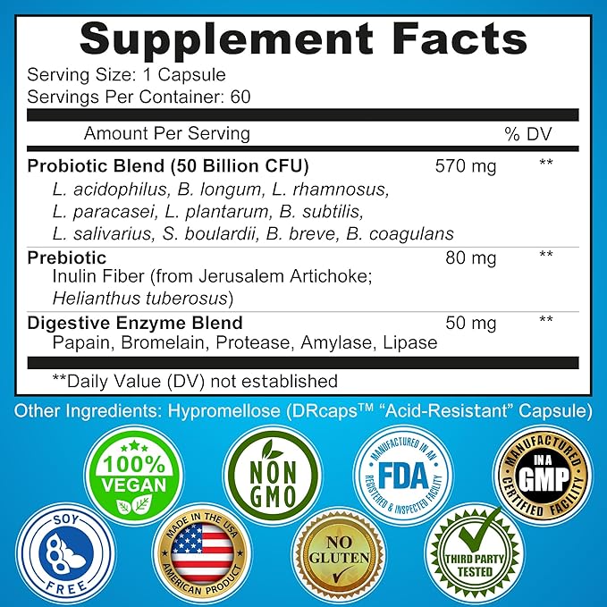 Probiotics with Digestive Enzymes and Prebiotic 3-In-1 Vegan 60 count