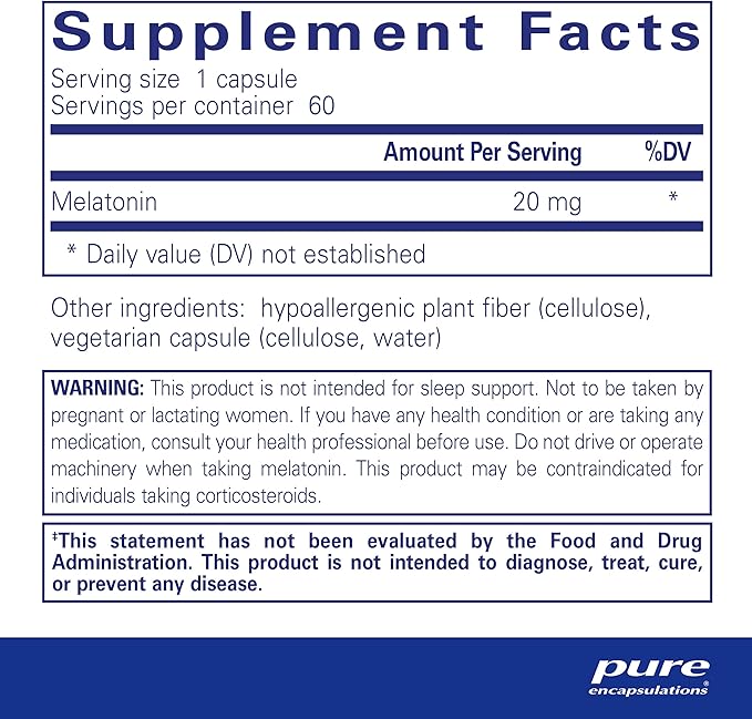 Pure Encapsulations Melatonin 20 mg 99.5% Purity 60 Capsules