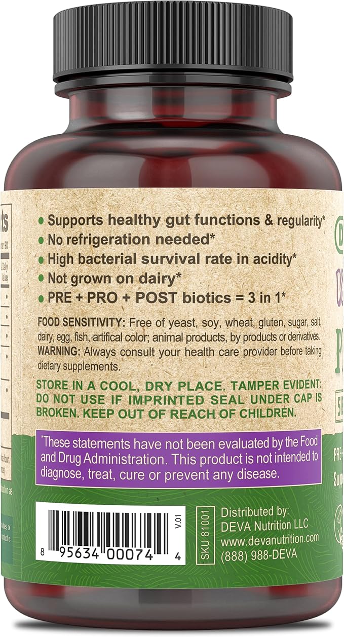 DEVA Vegan Probiotic Supplement - Pre, Pro, and Postbiotics for Digestive Health, 5 Billion CFU, Soil-Based, Spore-Forming, Dairy Free, FOS Prebiotics, for Women and Men, Vegan Capsules, 90 Count