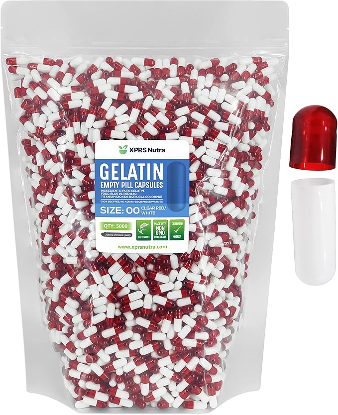 XPRS Nutra Size 00 Empty Capsules - 5000 Count Empty Gelatin Capsules - Empty Pill Capsules - DIY Capsule Filling - Fillable Pill Capsules Empty Gel Caps (Clear Red/White)