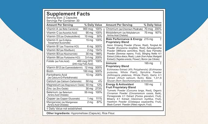 38-in-1 Capsules Asian Ginseng, Ashwagandha, Turmeric, Tongkat Ali, Saw Palmetto, Vitamins, Minerals, Herbals Supplement for Men by Men's Multi 18+ - Bones, Muscle Strength, Immune Support - Pack 2