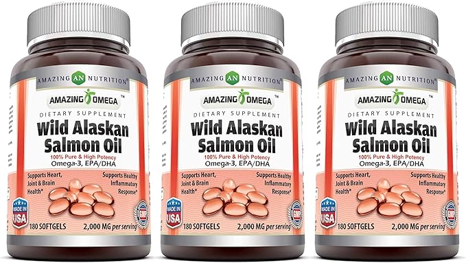 Amazing Omega Wild Alaskan Salmon Oil 2000mg Per Serving Softgels Supplement (180 | 3 Pack)