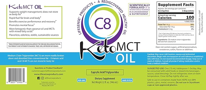 LIFESENSE C8 MCT Oil, Keto-Friendly, Sourced from Coconut Oil, Clinically Proven to Increase Ketone Production, Optimal Fuel for The Brain and Body, Made in USA by PhD Nutrition, 32 oz