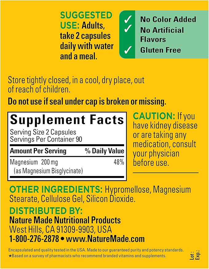 Nature Made Magnesium Glycinate 200 mg per serving, Magnesium Supplement for Muscle, Heart, Nerve and Bone Support, 180 Magnesium Bisglycinate Capsules, 90 Day Supply