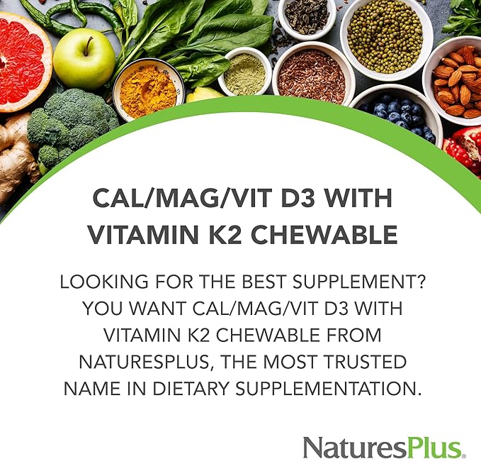 NaturesPlus Chewable Cal/Mag/VIT D3 with Vitamin K2 60 Chewable D3 and K2 - 30 Servings
