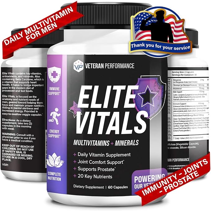 Elite Vitals Multivitamin for Men β Daily Mens Multivitamins Ages Over 20 Plus β Prostrate Energy Immune Joint Support β Daily Mens Vitamins and Minerals (60 Capsules)