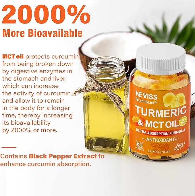 Turmeric Gummies 1000mg w/MCT Oil C8 C10, Organic Antioxidant, Sugar Free Turmeric Curcumin Supplement + Black Pepper Extract Support Flexible & Comfort, Digestion, Energy, Ultra Absorption, 60 Counts