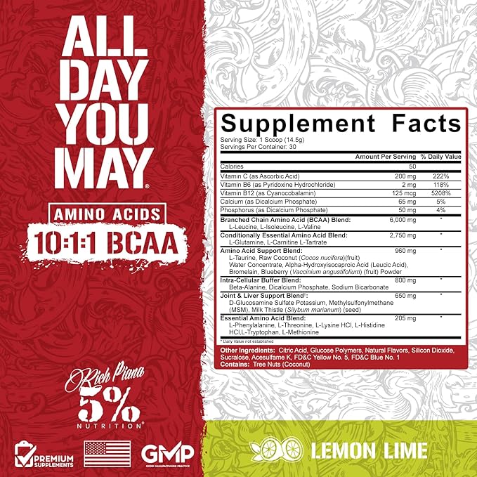 5% Nutrition Rich Piana AllDayYouMay BCAA Powder | Premium Intra & Post Workout Amino Acids, Hydration, Endurance, Muscle Recovery, Joint & Liver Support | 15.3 oz, 30 Servings (Lemon Lime)