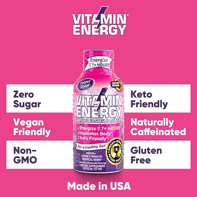 Mood Support Vitamin Energy Drink - Sugar Free, Keto/Vegan Friendly Shots | Mood Balancing with Rhodiola and Chamomile | Energize up to 7+ Hours | Tropical Berry - 1.93 Fl Oz - Pack Of 12