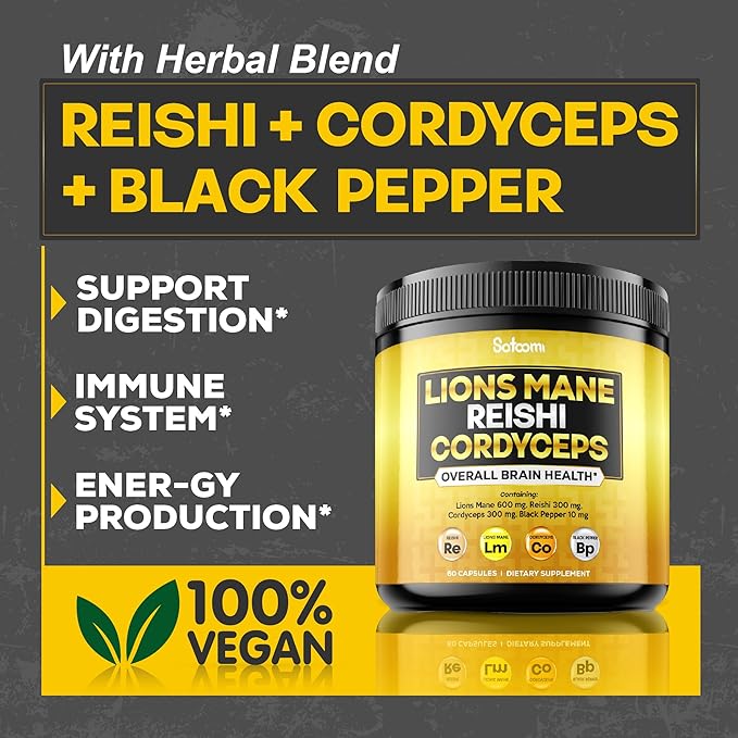 4in1 Lions Mane Supplement Capsules 60 Vegan 1210Mg Mushroom