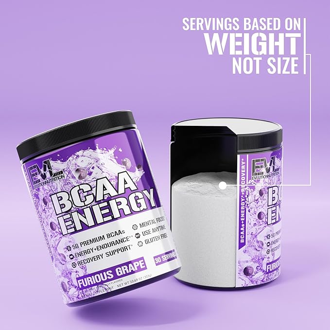 EVL BCAAs Amino Acids Powder - BCAA Energy Pre Workout Powder for Muscle Recovery Lean Growth and Endurance - Rehydrating BCAA Powder Post Workout Recovery Drink with Natural Caffeine - Furious Grape
