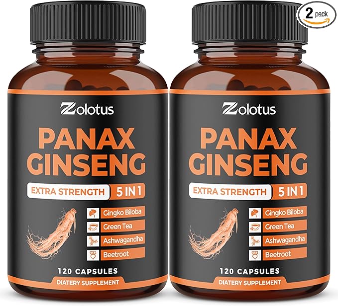 Zolotus 2 Packs Korean Red Panax Ginseng + Ginkgo Biloba, 2800mg with Ashwagandha, Beet Root, Green Tea, Boost Energy, Mood, Focused Strength, Enhanced Stamina Performance, 240 Capsules