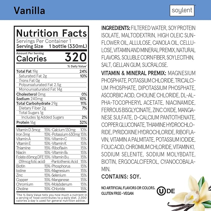 Soylent Vanilla Meal Replacement Shake, Contains 16g Complete Vegan Protein, Ready-to-Drink, 11oz, 36 Pack
