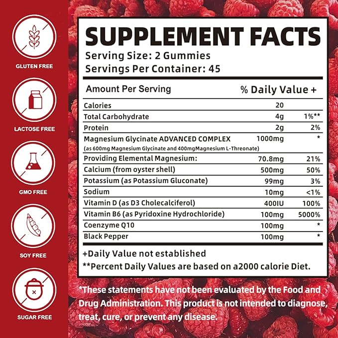Magnesium Glycinate Gummies 1000mg with Magnesium B6, CoQ10, CoQ10, Calcium,Supports 90 Gummies
