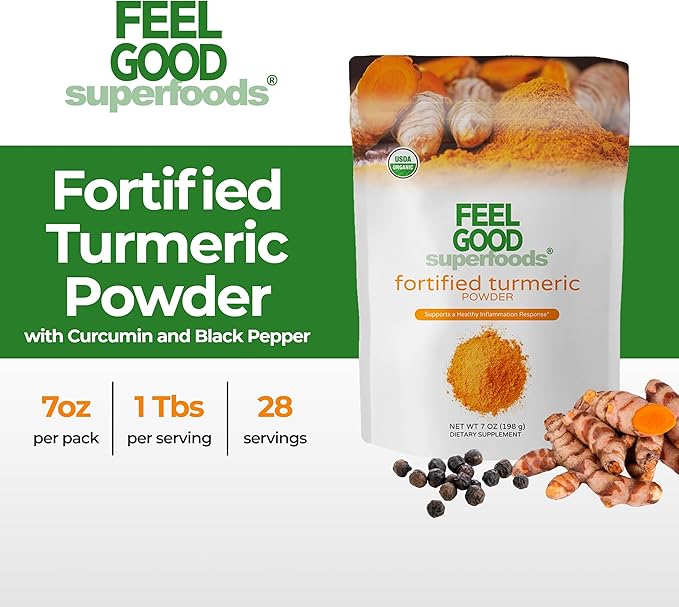 FeelGood Organic Superfoods Fortified Turmeric Powder 95% Curcuminoids, 7 oz