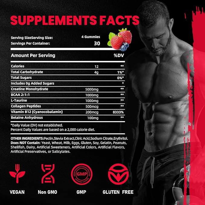 Creatine Monohydrate Gummies 5000mg for Men & Women, 120 Count Creatine for Enhanced Muscle Growth, Strength, and Recovery, Sugar Free Pre-Workout Supplement-Mixedberry Flavor