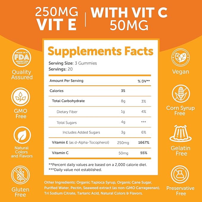 Vitamin E Gummies with Vitamin C 250mg (400IU) (400IU) Vit 6 Pack