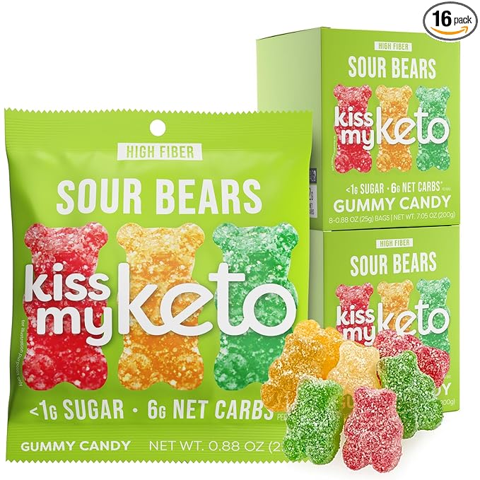 Kiss My Keto Gummies Candy – Low Carb Candy Sour Bears, Keto Snack Pack – Healthy Candy Gummys – Vegan Candy, Keto Gummy Candy – Keto Candy Gummies (16-pack)