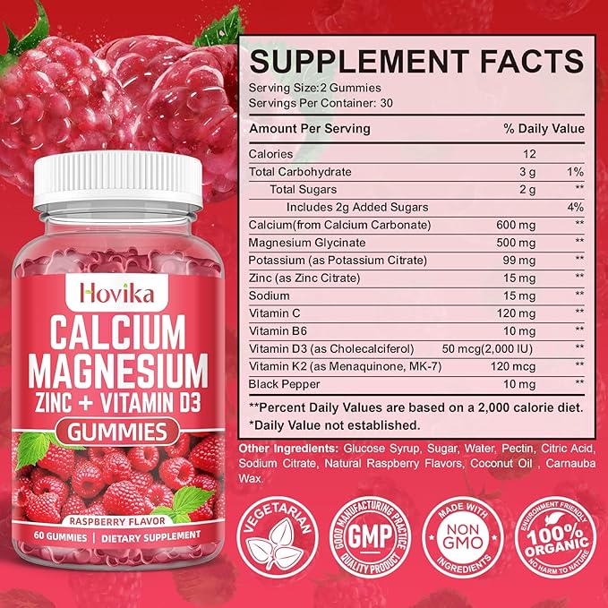 Calcium Magnesium Zinc Gummies with Potassium B6, D3, D3, K2 K2 - 60 Cts